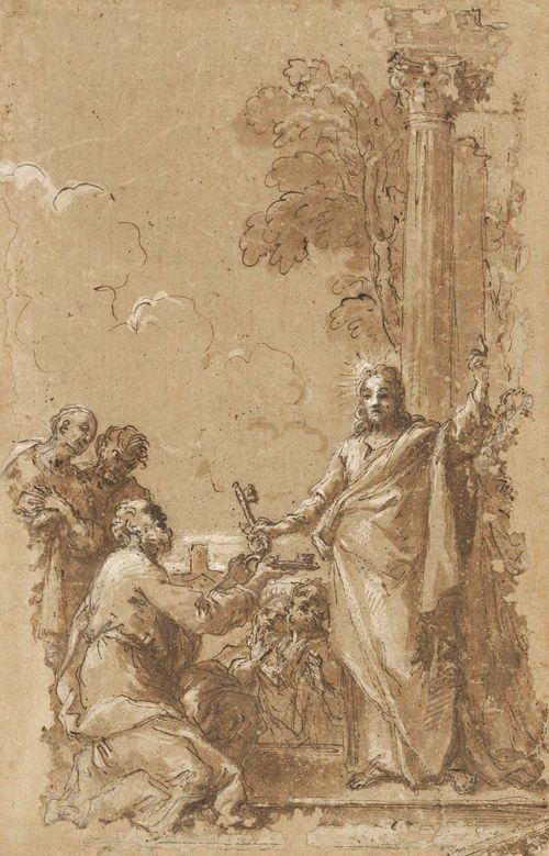 PASSERI, GIUSEPPE (Rome 1654 - 1714 Rome) Jesus gives Peter the keys. Brown pen, brown wash and heightened in white. 39.1 x 23.9 cm Framed. Prof. Nicolas Turner and Dr. Dieter Graf have confirmed the attribution in writing