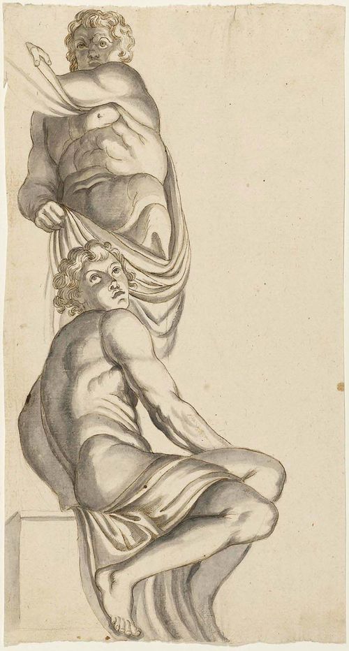 After CESIO, CARLO (1626 Rieti 1686) Two Ignudi from Galeriea Farnese in Rome, circa 1700. Brown pen, grey wash and black chalk. On wove paper with watermark: star. 31 x 16.4 cm.