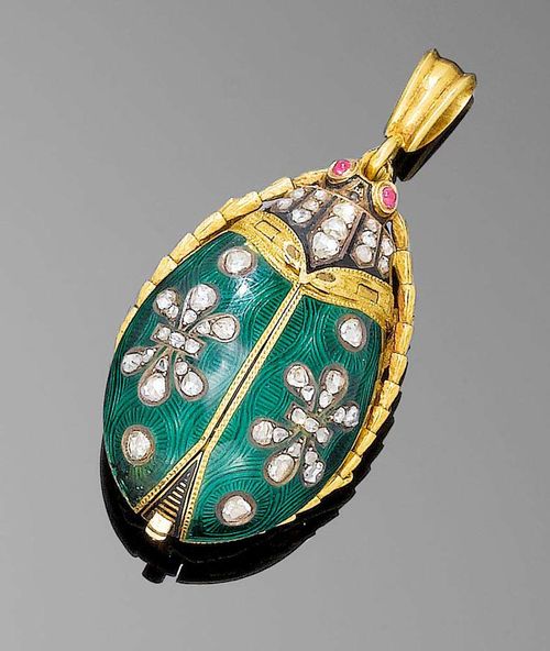 ENAMEL AND DIAMOND PENDANT WATCH, NEGRETTI & ZAMBRA, ca. 1890. Yellow gold. Very decorative pendant watch in the shape of a beetle. The guilloche-decorated and green-enamelled wings are decorated with ornaments set with diamonds. The head is entirely set with rose-cut diamonds and black enamelled. The lower side is plastically engraved and matte-polished, and has a glass-covered compartment. With two small ruby cabochons for eyes. Cylinder watch with form movement, cover signed Negretti & Zambra, London, No. 11485, key winder.