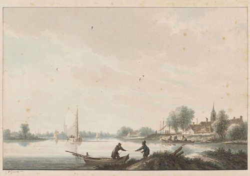 WICART, NICOLAES (1748 Utrecht 1815) River landscape with village and fishing boats. Pen in black and watercolour. Signed lower left edge of picture: Wicart. Verso old inscription in black pen: 4 Dorp Ravesbraij an de Leke. 23.5 x 32.5 cm.