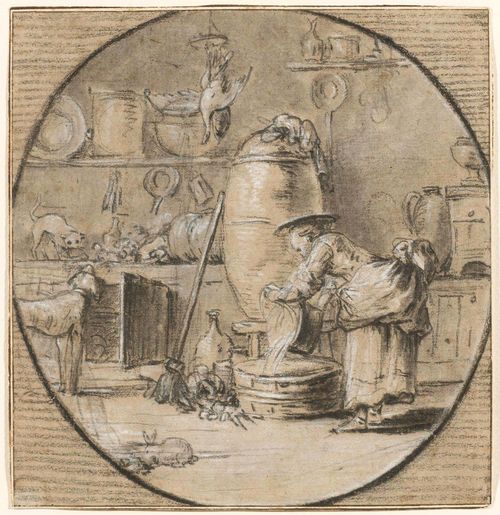 FRENCH SCHOOL, 18TH CENTURY Kitchen scene with maid, dog, cat and rabbit. Black chalk, heightened in white. 19.6 x 18.5 cm. Framed.