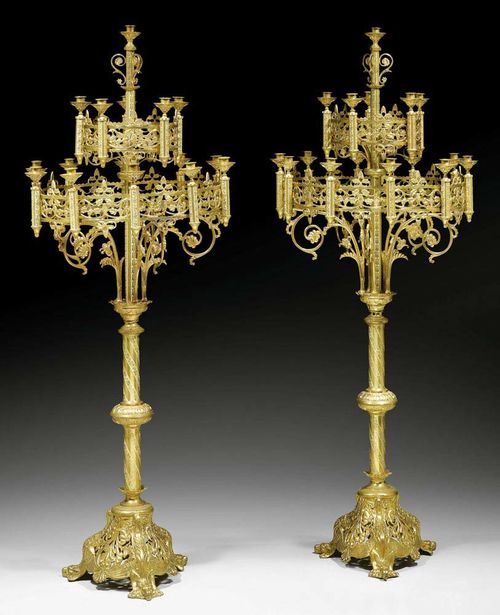PAIR OF CANDLEHOLDERS,Neo-Gothic, probably France, 19th century. Gilt bronze.  H 147 cm.