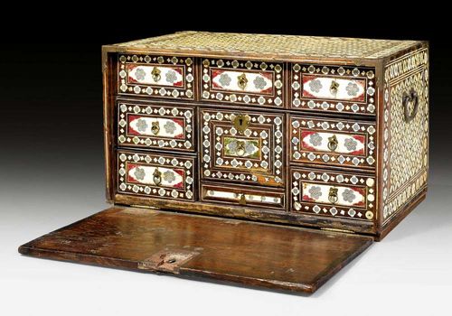 CABINET,Renaissance style, probably Indo-Portuguese, 19th century. Mahogany with rich bone inlays. Iron mounts and drop handles. Requires some restoration. 58x35x34 cm.