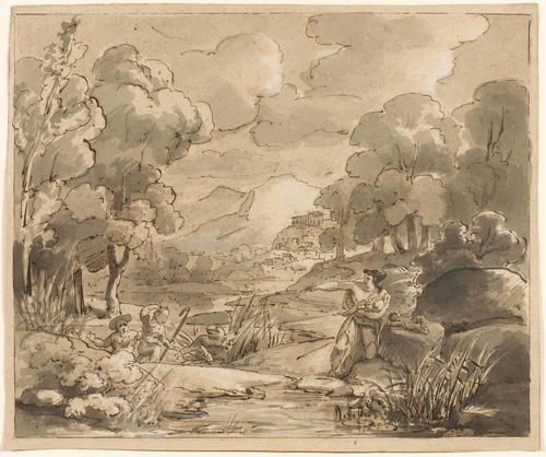 Attributed to DESRAIS, CLAUDE LOUIS (Paris 1746 - 1816 Paris) Leto and the frogs. Brown pen, with brown and grey wash. 18.3 x 23.5 cm. Framed.