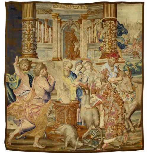 TAPESTRY "L'OFFRANDE A LYSTRE",from the "VIE DE SAINT PAUL" series, after designs by P. COECKE VAN AELST (Pieter Coecke van Aelst, Aalst 1502-1550 Brussels), Brussels, 17th century. H 285 cm, W 235 cm. Provenance: - From a very important German private collection.
