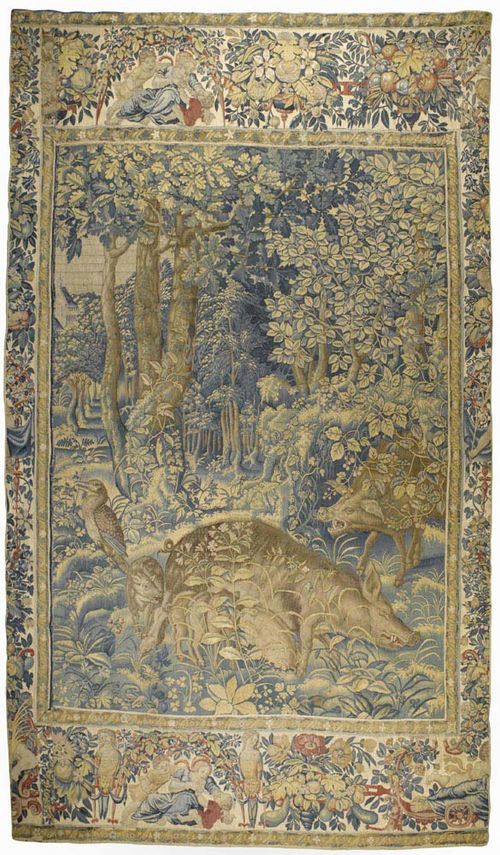 TAPESTRY "AUX SANGLIERS", Brussels, 17th century. Probably replaced, fine border with figures, flowers, leaves and frieze. H 390 cm, W 230 cm.