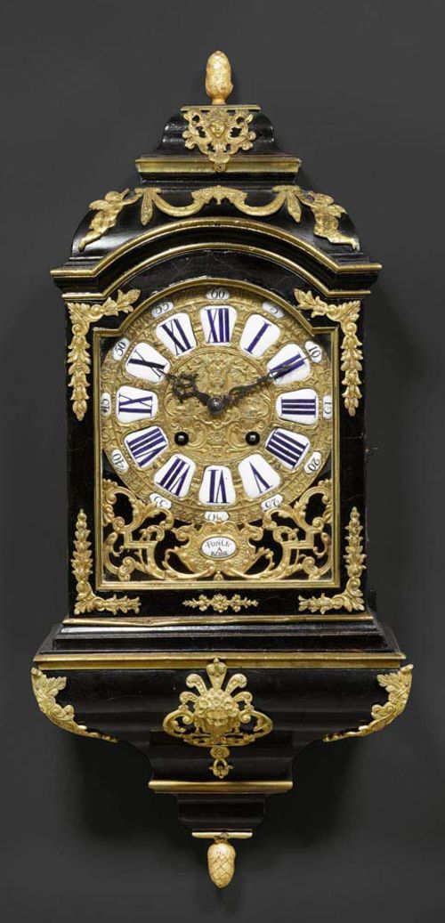 CLOCK with plinth,Louis XV, enamel cartouche signed FONCK A BERNE (Daniel Beat Ludwig Funk, 1726-1787), Bern circa 1750/60. Ebonized wood and gilt brass. With 24 partially retouched enamel cartouches. Verge escapement with 4/4 striking on 2 bells. Gilt mounts and applications. 29x19x79 cm.