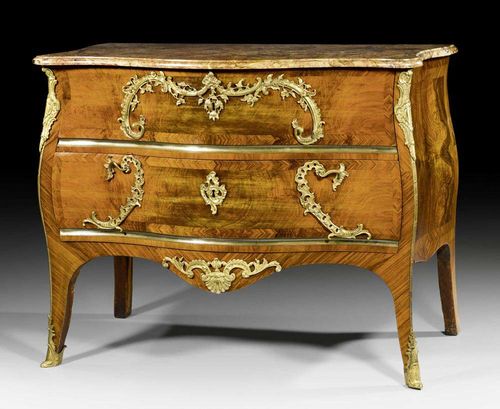 COMMODE,Louis XV, by M. FUNK (Mathäus Funk, 1697-1783), Bern circa 1760. Walnut and burlwood in veneer inlaid with reserves. Exceptionally fine bronze mounts and sabots. Shaped "Oberhasli" top.  116x63x89 cm.