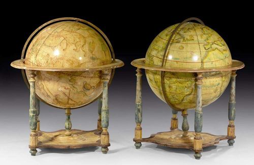 PAIR OF LARGE CELESTIAL AND TERRESTRIAL GLOBES,Baroque style, indistinctly signed GULLIELMUS BLAGUT and with the date 1611, circa 1900. Carved and polychrome painted wood. D ca. 80 cm, H 98 cm. Provenance: - Palazzo Serristori, Florence. -West Swiss castle collection.