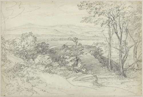 SALATHE, FRIEDRICH (Binningen/Basel 1793 - 1858 Paris) Wooded hilly landscape with a lake. Black crayon. 24.4 x 36.6 cm. Also included: 1. Landscape study. Pen in black with brown wash and pencil. 19.8 x 16.5 cm. Stamped lower right: Vente Salathé. 2. Landscape study, verso a further study in pencil. 20 x 26.5 cm.