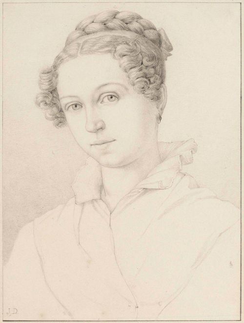 DANHAUSER, JOSEF (1805 Vienna 1845) Portrait of a young woman, circa 1825. Pencil. On wove paper with watermark: J.Whatman 1819 Monogrammed lower left: J.D. 30.5 x 22 cm.