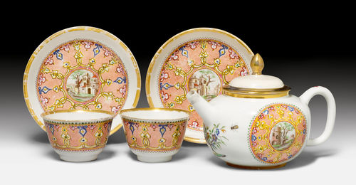 PAIR OF SMALL CUPS AND ONE TEA POT WITH RARE HAUSMALER DECORATION.