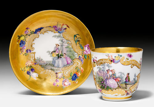 CUP AND SAUCER WITH 'WATTEAU PAINTING".
