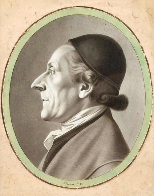 SWITZERLAND .-Anonymous, 1798. Portrait of Johann Caspar Lavater in profile to the left 1788. Pen and brush in grey with grey watercoloured edge. 44.5 x 37 cm (in oval). Old dating below the image in brown pen: 6. Jänner 1788. Framed. - Also a small postcard with motto written in brown ink by Johann Caspar Lavater.