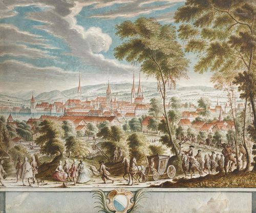ZURICH .-Anonymous, circa 1740. View of Zurich with figural scene in the foreground. Brown pen, Gouache, heightened in white. 42 x 50 cm. Old gold frame. Slight foxing in the lower margin of the sheet and the upper section of the picture, otherwise overall good condition