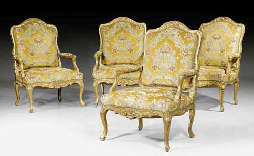 SET OF 4 LARGE FAUTEUILS "A LA REINE",Régence, from a Paris master workshop, circa 1730/40. Exceptionally finely carved and gilt beech. Gold/yellow silk-velour cover with colorful flowers and leaves. Gilding with some losses. 74x59x46x110 cm.