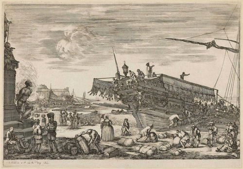 BELLA, STEFANO DELLA (1610 Florence 1664).Loading the galleys for Saint Etienne, 1654. Etching, 24.2 x 34.4 cm. De Vesme 845 II/II. Framed. - Fine even impression. With fine border around the clearly visible plate edge. Good condition. Also included: By the same artist, two etchings. De Vesme 813 and 816. From: Suite de huit Marines, gravée en 1634. Each framed.