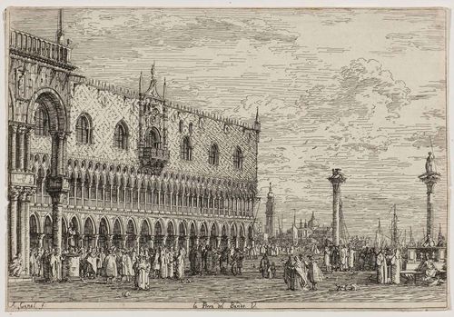 CANALETTO (real name ANTONIO CANAL, 1697 Venice  1768).La Piera del Bando V. Etching. 14.6 x 21.2 cm. De Vesme 16, Bromberg II (of III). - Excellent dense black and clearly defined print. The plate edge partly visible. Partly cut on or just within the plate edge. The left edge of sheet with minor loss to paper. Overall fine condition.