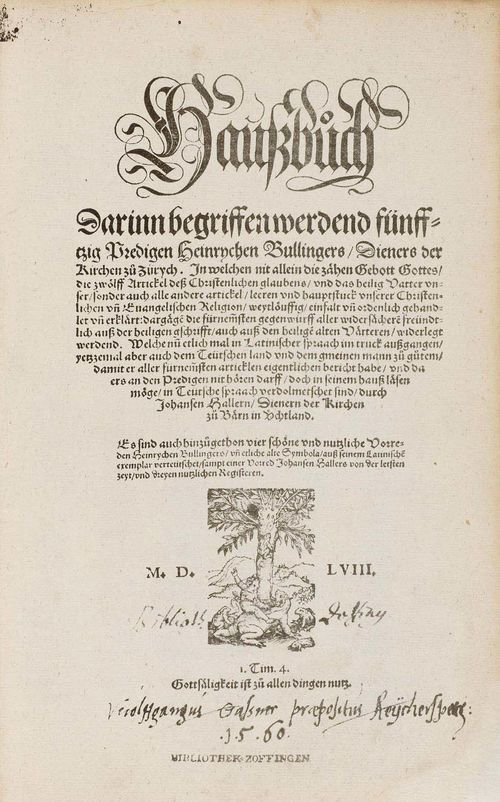 OLD PRINTS - Bullinger, Heinrich. Haussbuch Darinn Fünfftzig Predigten. Zürich, Johannes Wolffen, 1597 or 1598. [20] ff., CCCCV, XIX (intead of XXI) pp. Contemporary pigskin drawn on wooden boards and roll-stamp-decorated, 2 brass clasps and catches. (Foxing and worn, binding  in need of restoration). Fol. VD 16, B 9703. Vischer N 68 oder N 77. Staedtke 194, 380 oder 195, 381.- Second or third edition. Lightly stained, in parts browned, some damp stainings in margins, 1 f. changed, the title page and two other ff. missing.
