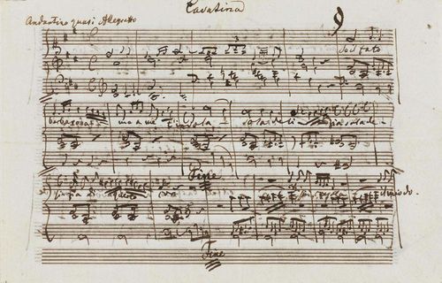 - Meyerbeer, Giacomo. Composer, 1791-1864. Autograph score "Cavatina" in brown ink. 3 p. on 1 folded f., signed and dated: Paris 3 octobre, without the year, and dedication: "Offert à Monsieur Beauthène, en signe...(illegible) et d'amitié par J. Meyerbeer. 12x18.8 cm. Page size 12x37.5 cm. 1 important whole and numerous small wholes, 1 spot on the blank page, in overall good condition.