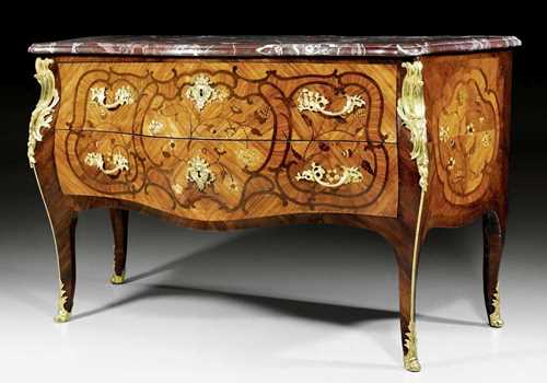 IMPORTANT COMMODE "A FLEURS",Louis XV, stamped I.P. LATZ (Jean-Pierre Latz, maitre 1740), Paris circa 1750/60. Tulipwood, rosewood, and partly dyed precious woods in veneer, exceptionally finely inlaid on all sides with flowers, leaves, volutes, reserves and frieze. Central bombé front with 2 drawers sans traverse. Gilt bronze mounts and sabots. Shaped, red/grey speckled marble top. 149x64x88 cm.