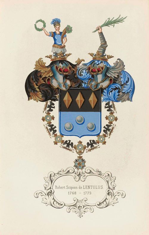 - Neuchâtel - Bovet, [Félix]. Armorial Neuchatelois. Galerie historique du Chateau de Neuchatel... Berne et Neuchatel, Société litteraire (F.-L. Davoine), 1857. 36 pp. with coloured lith., gilt title and 45 plates coloured, gilt and silvered heraldic plates. Contemporary roll-stamped green cloth binding. With a gilt title and spine. (Slightly worn). 4°. Not in Lonchamp.- Very rare.- Good slightly stained copy, 2 owner's marks on introduction.