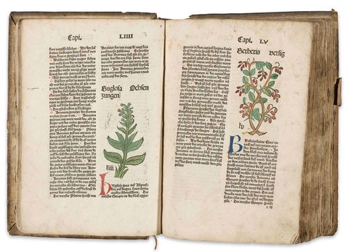 - Gart der Gesundheit. Strassburg, J. Grüninger, 1485. 220 (instead of 224) ff. With ca. 400 coloured woodcuts of plants, animals, allegorical and agricultural figures. Contemporary pigskin with roll-stamped and other decorations. (Rubbed and worn, some worming, leather loose on the backcover and damages to the lower edge of the spine). Fol. Copinger 3178. BMC I, 103. Schreiber 4334. Schramm XX, p. 24. Goff G-99 (nur 1 Expl. in USA).- Extremely rare. Hand coloured. Ff  from 2 til 53 rubricated with painted initials in red and blue.- Are missing: the title f., 3 ff. from the index and the blank ff. In overall good condition. Some stains, foxing and damp stains to margins. Some losses in the margins, numerous traces of handling, edges compressed, first ff. stronger, f. 2 with 4 holes, f. 8 partly relaxed, 5 ending ff. of the index torn with loss of text.