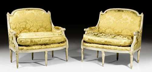 PAIR OF PAINTED MARQUIS CHAIRS,Louis XVI, stamped J.P. BOULARD (Jean-Pierre Boulard, maitre 1755), Paris circa 1780. Fluted, finely carved and white painted beech. Mustard yellow silk cover with flowers and leaves. Seat cushions. 100x71x55x95 cm.
