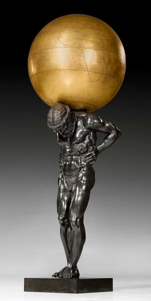 LARGE BRONZE FIGURE OF ATLAS,Renaissance style, probably Rome. Burnished bronze and brass. H 140 cm.