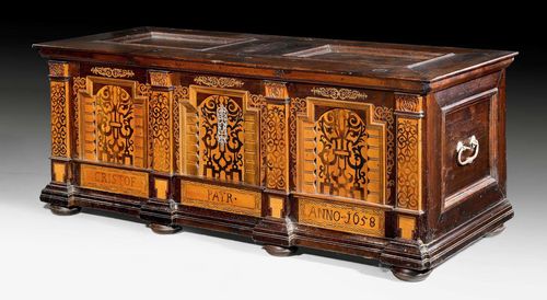 LARGE COFFER,early Baroque, inscribed CHRISTOF PAYR and dated 1658, South German. Walnut, birch, and various fruit woods in veneer with fine inlays. Iron lock. With alterations. 195x77.5x77.5cm. Provenance: Baron Kuhlmann-Stumm collection in Schloss Ramholz, Germany.