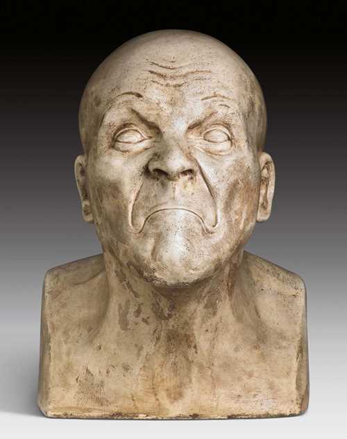 MESSERSCHMIDT, F.X. (Franz Xaver Messerschmidt, 1736 Pressburg 1783), early 19th century. Alabaster and plaster. Character head No. 23, "Starker Geruch". Cast of a "Charakter Kopf" from the collection of Prince Leichtenstein in Feldsberg, Southern Moravia. H 34 cm. With expertise from Dr. M. Krapf, Vienna, October 2009.