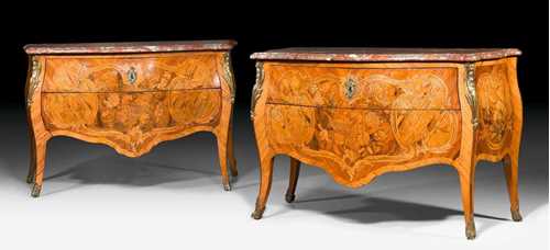 PAIR OF COMMODES "A FLEURS",Louis XV, by J.F. and H.W. SPINDLER (Johann Friedrich 1726-1799, Heinrich Wilhelm, 1738 until circa 1800), Berlin circa 1760. Various, partly dyed fruitwoods with exceptionally fine inlays on all sides. Front with 2 drawers sans traverse. Gilt bronze mounts and sabots. Shaped, red/grey speckled marble top. 1 back panel and 1 leg replaced. 130x64x85 cm. Provenance: - Fischer-Boehler, Munich. - Private collection, Germany. Expertise: Ms. T. Cornet, Munich.