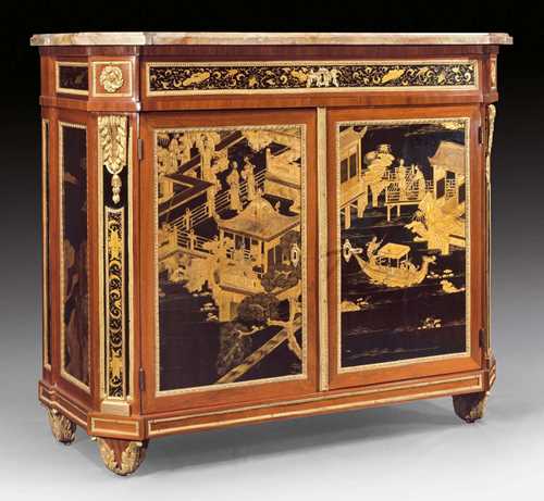 PAIR OF HALF-HEIGHT CABINETS WITH LACQUER PANELS,late Louis XVI, with signature B. MOLITOR (Bernard Molitor, maitre 1787), Paris circa 1800/1830. Tulipwood in veneer and inlaid with lacquer panels in "gout chinois";  depiction of a golden pagoda landscape with people, rocks, trees and ships on a black background. Fine, matte and polished gilt bronze mounts. Shaped, gray/pink/brown speckled marble top. Restorations. 120x44x102 cm. Provenance: - From a Paris collection. - Galerie Koller Auction on 17.9.1997 (Lot No.. 666). - From a highly important European private collection.