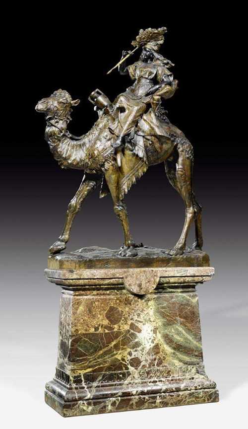 LIFE-SIZE BRONZE FIGURE "LA TRAVERSEE DU DESERT", signed NICOLO BAZZANTI (Niccolò Bazzanti, born 1802), Florence circa 1850/60. Burnished bronze and "Brèche Vert d'Egypte" marble. Signed and inscribed NICOLO BAZZANTI FIRENZE and PATINE FOND DELVAL - ANTONY FRANCE (angebracht während einer Reinigung 2002). H (total) 256 cm, H Figure 157 cm, H plinth 89 cm. Provenance: - from a French private collection. - F. Hayem, Paris. - from an American private collection , Paris.
