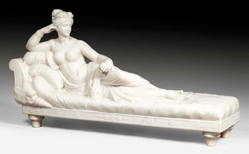 MARBLE SCULPTURE OF PAULINE BORGHESE AS VENUS VICTRIX,late Empire, after the sculpture by A. CANOVA (Antonio Canova, 1757-1822), probably Rome, 19th century. "Carrara" marble. 85x24x44 cm.