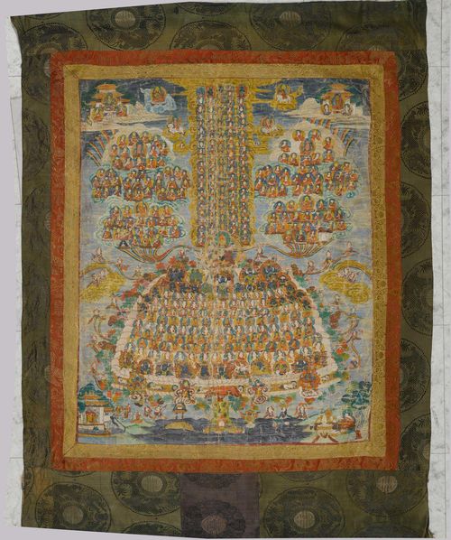 TANGKA OF THONGKHAPA TSOGSHIN.Tibet, 19th/20th c. 86x65 cm. Brocade mounting. Family tree of the Gelugpa lamas and depiction of the Gelugpa pantheon. At the top of the tree of life Tsongkhapa sits with an alms bowl in his hand and a Buddha image on his breast. He is surrounded by large groups of monks on clouds, as well as the entire pantheon. At the top right Amitabha is enthroned in the Western Paradise, at the left Avalokiteshvara sits in his paradise on the Potala mountain. Brocade mounting.