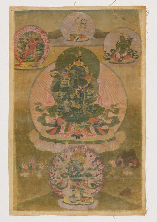 TANGKA OF YAB-YUM VAJRADHARA.Tibet, 19th c. 55x33.5 cm. The Adhibuddha holds a Vajra and Ghanta in crossed hands, above him sits Avalokiteshvara, flanked by Sarvabuddha Dakini and Green Tara. At the bottom edge stands the wrathful six-armed Mahakala in a ring of fire. Excellent painting, though colour faded and fabric darkened.