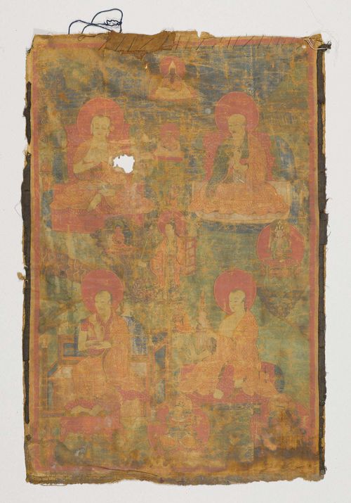 TANGKA WITH FOUR ARHATS.Tibet, 17th/18th c. 69x46 cm. Part of a series showing 16 Arhats. In the centre Dharmatala can also be seen with his books on his back. Poor condition, damaged.