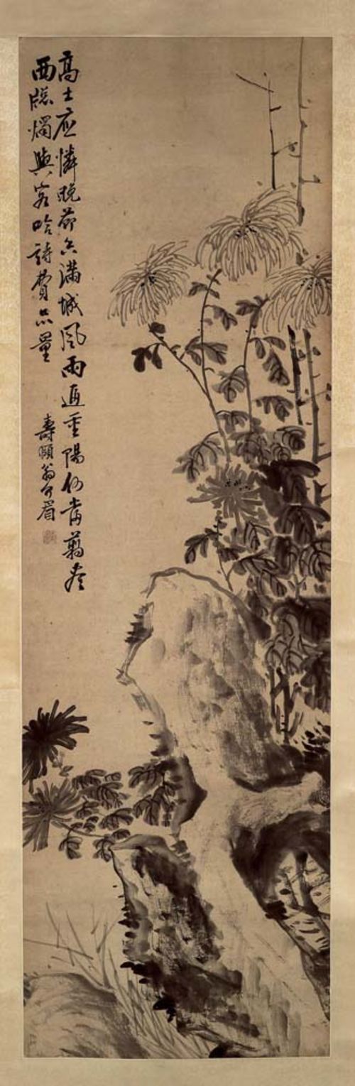 WENG JIEMEI.19th century. 127x39 cm. Hanging scroll. Monochrome Indian ink on paper. Abundant chrysanthemum plants between cliffs. Poem of two lines. Signed: Shou Yi Weng Jiemei. Seal: Shou Yi.