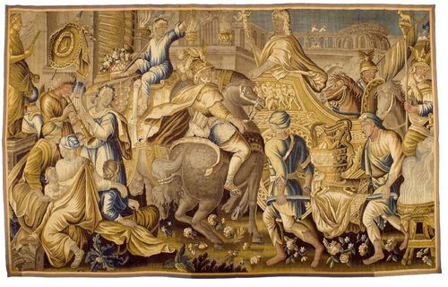 TAPESTRY: ALEXANDER ENTERING A CONQUERED CITY,Flemish, circa 1680. H 242 cm, W 345 cm. Provenance: from a Paris collection.