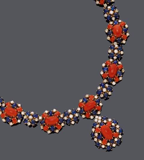 CORAL, SAPPHIRE AND DIAMOND NECKLACE.