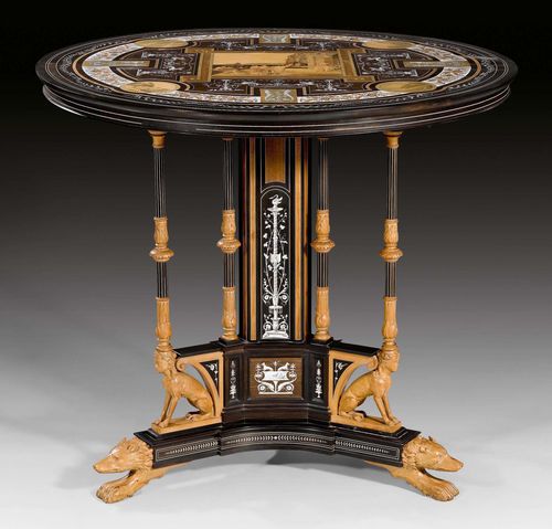 ROUND CENTER TABLE "AUX SPHINGES",Napoleon III, stamped G. GRANDI (Giuseppe Grandi, 1843-1894), Florence circa 1860/70. Walnut, various partly dyed precious woods and finely engraved ivory with exceptionally fine inlays. Some restoration required. D 92 cm, H 84 cm.