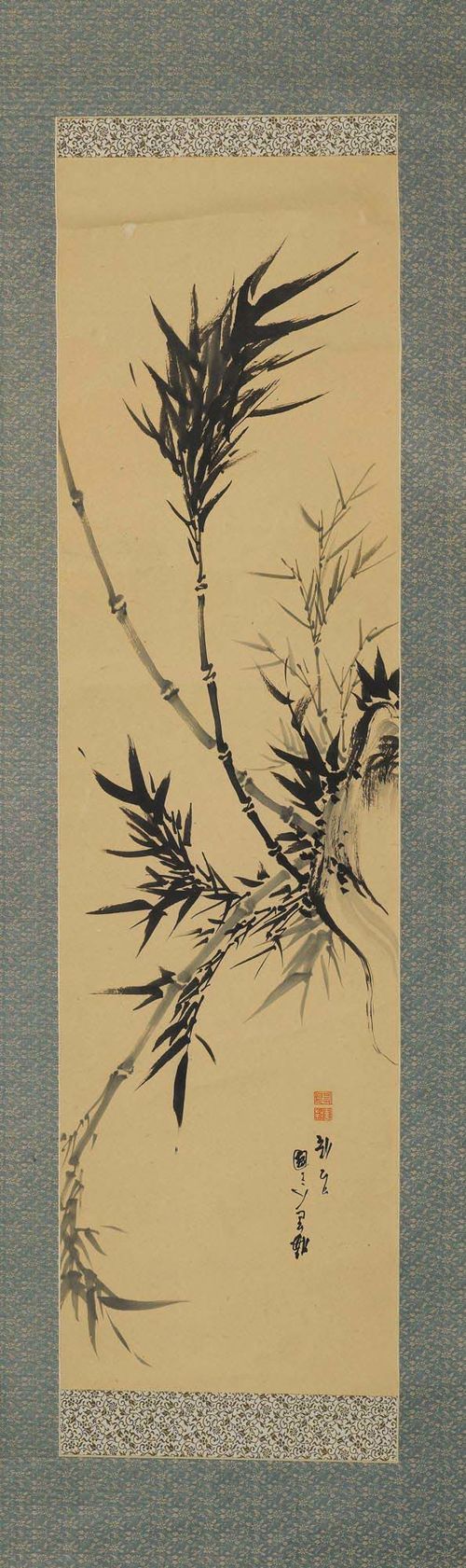 KAKEMONO WITH BAMBOO PAINTING.Japan, Meiji Period, 160x30.5 cm. Ink on paper. Signed Arinobu, with seal. Probably Mitani Arinobu. Brocade border. Creases.