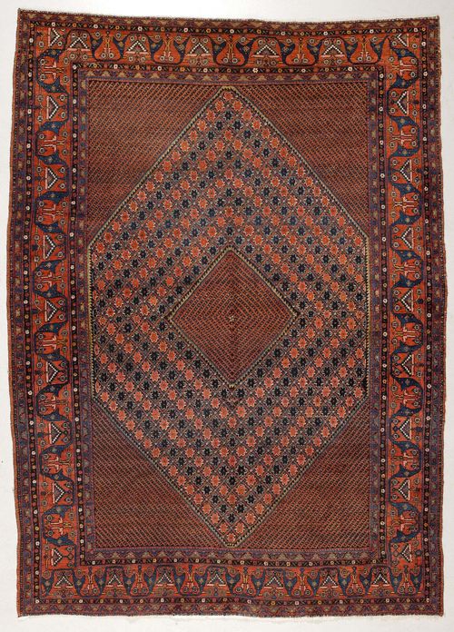 AFSHAR antique.Rust-red and blue central field with hexagonal medallions, finely patterned with star motifs, rust-red border, good condition, 105x148 cm.