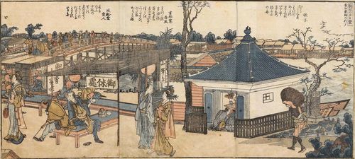 KATSUSHIKA HOKUSAI (1760-1849).21x46 cm. Three pages from the album " Tôto meisho ichiran" (Famous Views of the Eastern Capital), mounted as a triptych. Framed under glass.