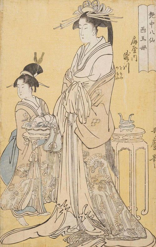 KITAGAWA UTAMARO (1750-1806). Ôban. From the series "Enchû Hate", leaf "Seioubô, Ogiya uchi Takigawa, Onami Menami". Signed Utamaro hitsu. Mounted and trimmed. Framed under glass.