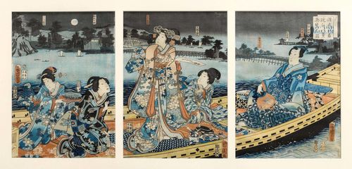TOYOHARA KUNICHIKA (1835-1900).Ôban triptych. Night boat ride with a Bijin writing poetry. Signature: "Ichiyôsai Kunichika ga" in Toshidama cartouche. Publisher: Kiya-Sôjirô. Combined aratame and date seals. Mounted under glass.