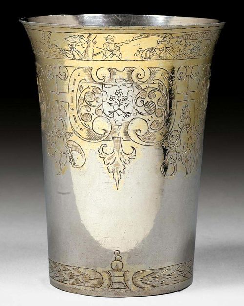 CUP. Probably Germany after 1600.With maker's mark. Partially gilded. Initials and date 1670 added later. H 10.5 cm. 130 g.