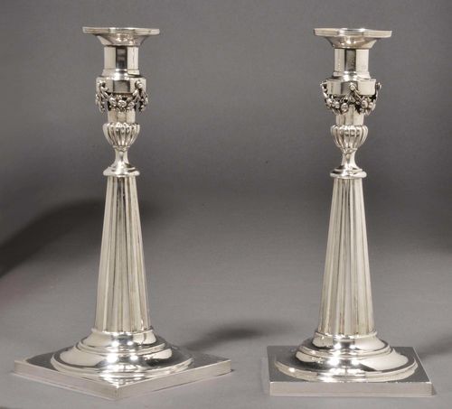 PAIR OF CANDLEHOLDERS, Augsburg probably 1783-85.Maker's mark P.F. Bruglocher. H: 26 cm. Wt.: 730 g.