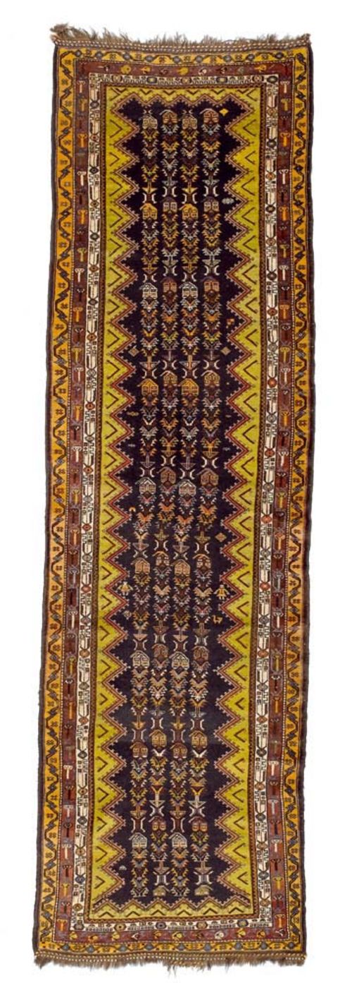 LORI GASHGAI antique.Black central field with boteh motifs in yellow, with serrated edging and narrow border. Good condition, 380x108 cm.